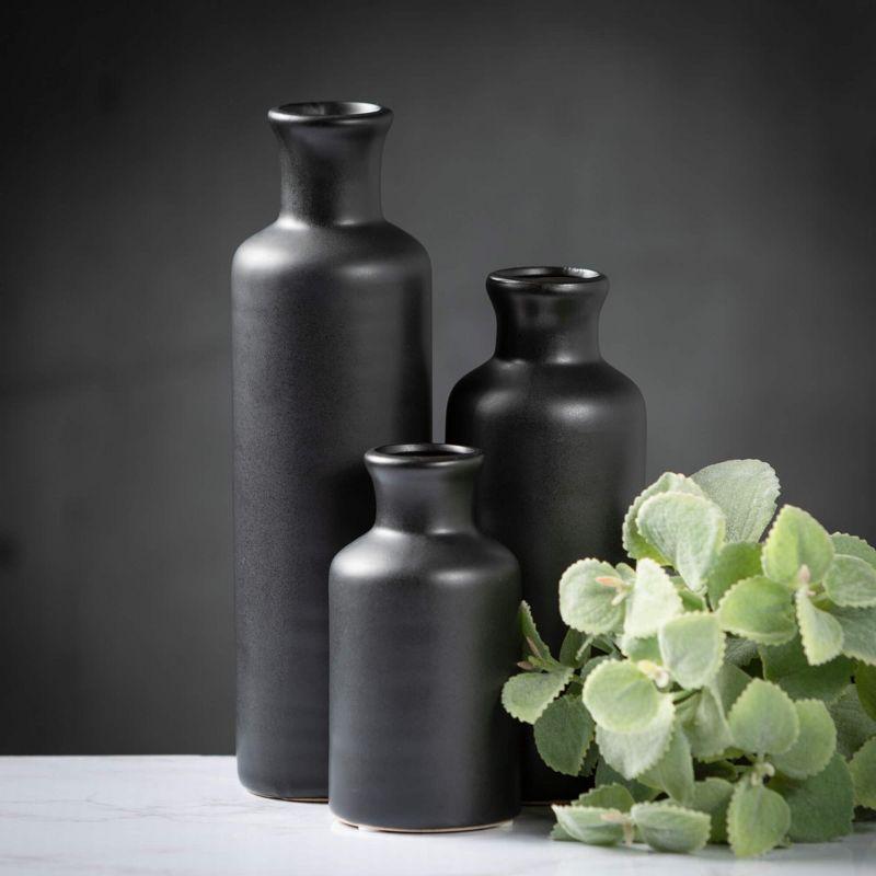 Sullivans Matte Black Set of 3 Small Ceramic Bottle Vases 5"H  7.5"H & 10"H Black