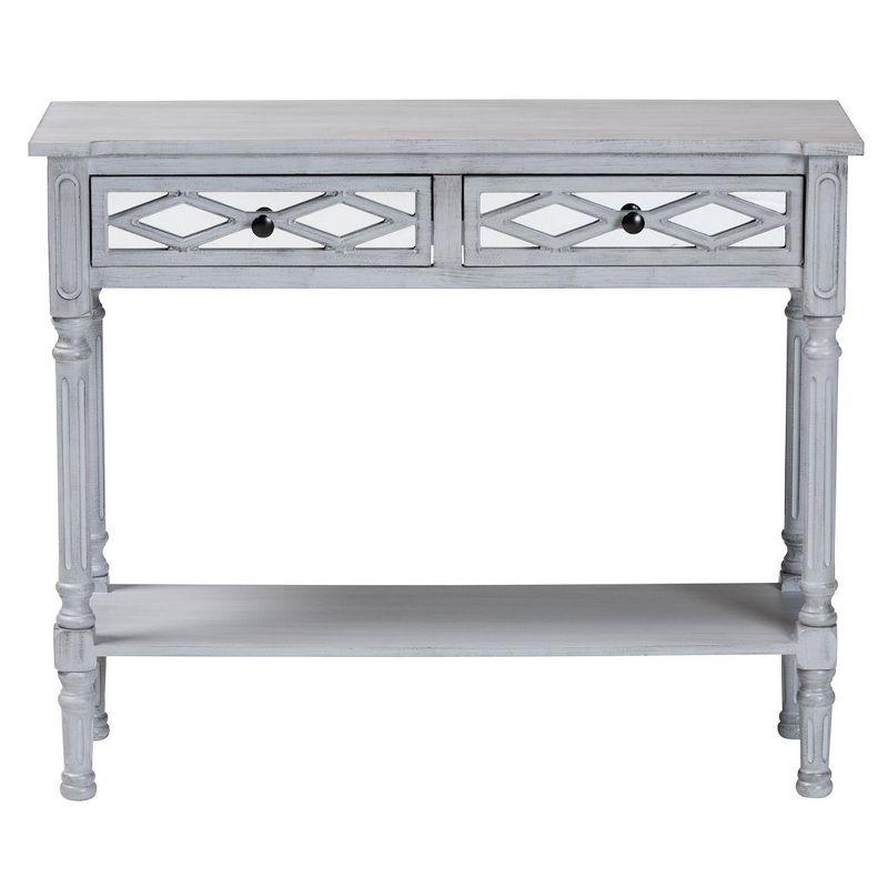 Baxton Studio Gellert Wood 2 Drawer Console Table Gray/Mirror: Traditional Design, Carved Detailing, Storage Shelf