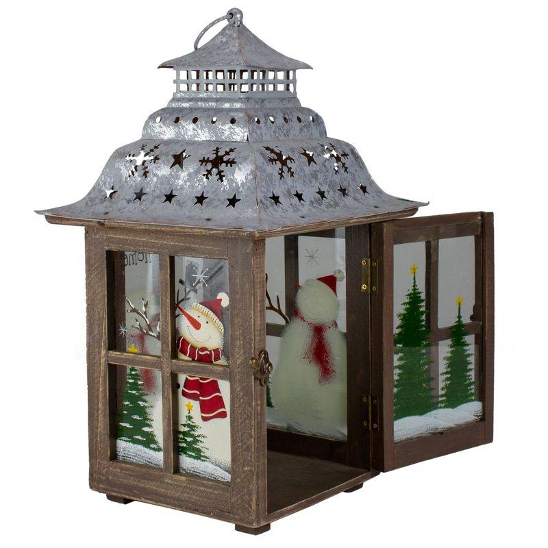 16.5" Rustic Wooden Snowman Holiday Scene Christmas Pillar Candle Lantern