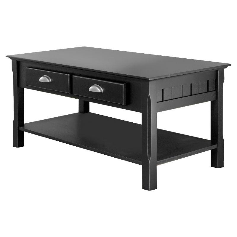Timer Coffee Table, Drawers and Shelf - Black - Winsome: Solid Wood, Chrome Handle Accents