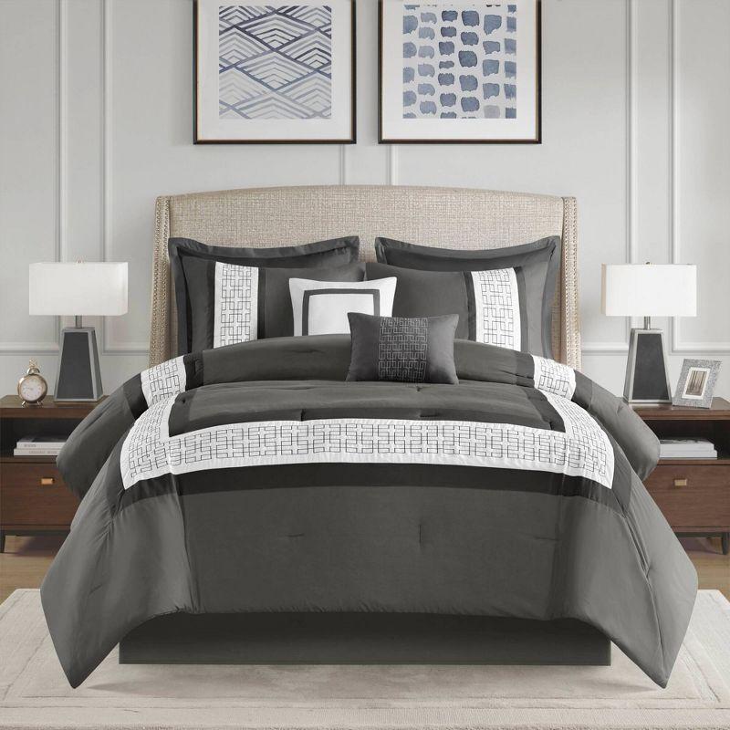 Queen Dark Grey Microfiber Embroidered Comforter Set