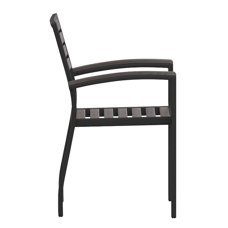 Merrick Lane Set of 2 Outdoor Stackable Faux Teak Side Chairs - Commercial Grade Black Aluminum Patio Chair with Gray Wash Synthetic Teak Slats