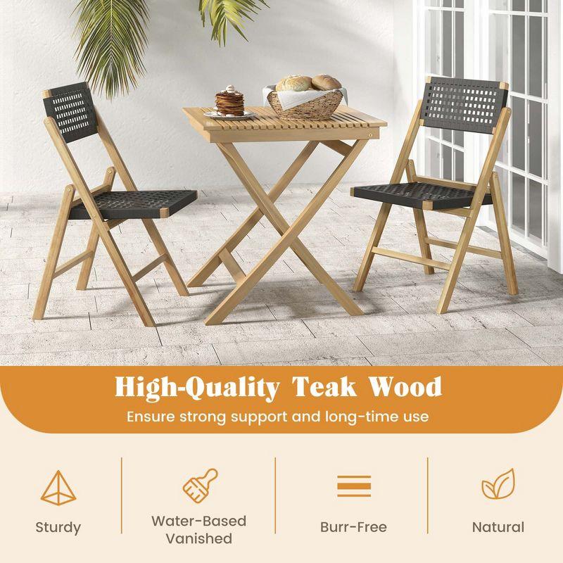 Costway 2 Piece Patio Folding Chairs with Woven Rope Seat & High Back Indonesia Teak Wood for Porch Natural&Black