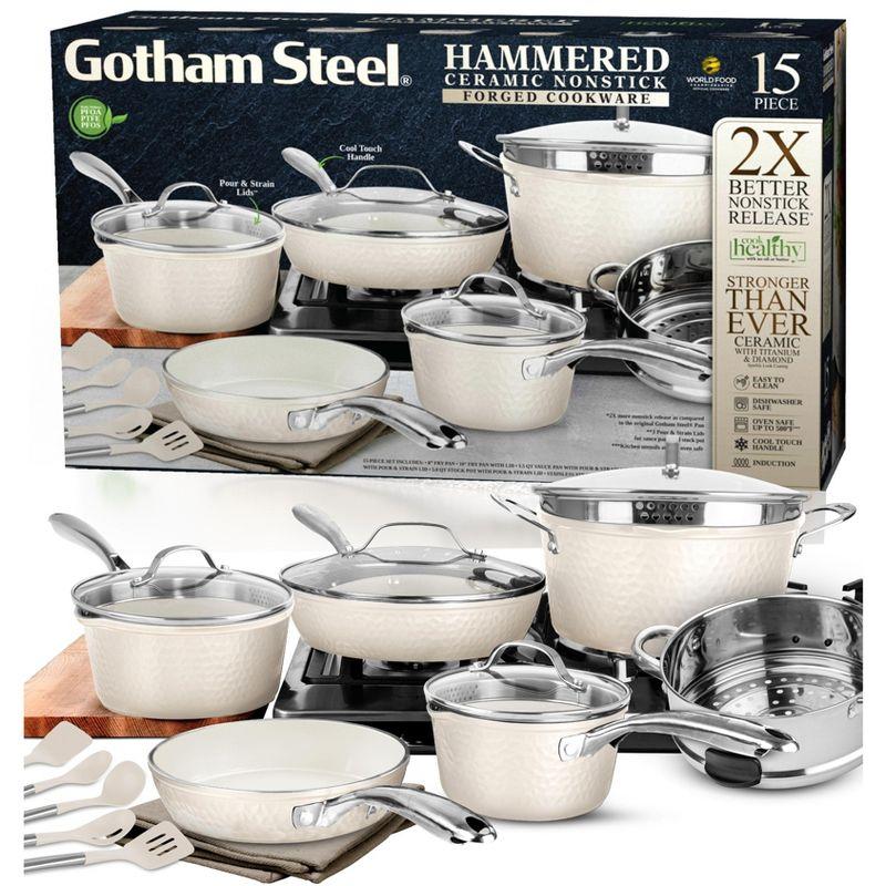 Gotham Steel Hammered Cream 15-Piece Ultra Ceramic Nonstick Cookware Set with Utensils