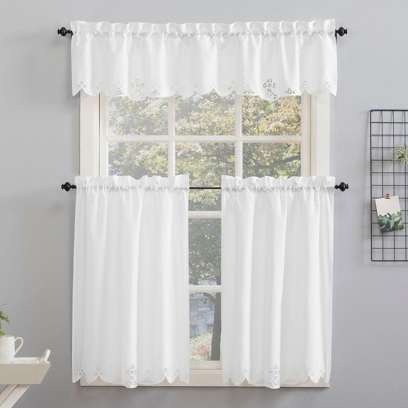 14"x58" Mariela Floral Trim Semi-Sheer Rod Pocket Kitchen Window Valance and Tiers Set White - No. 918: Light Filtering Kitchen Curtains Set