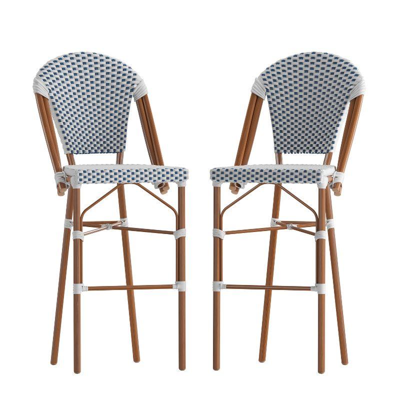 Lourdes White and Navy Rattan Bistro Bar Stools, Set of 2