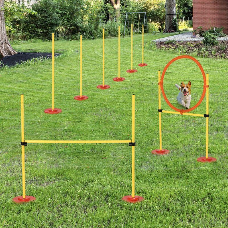 PawHut 3PCs Dog Agility Training Equipment, Outdoor Obstacle Course Starter Kit with Hoop, Hurdle, Weave Poles and Carrying Bag