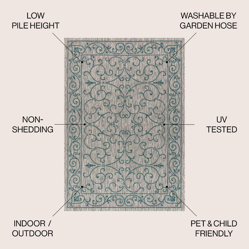 5'x8' Charleston Vintage Filigree Textured Weave Indoor/Outdoor Area Rug, Gray/Teal - JONATHAN Y