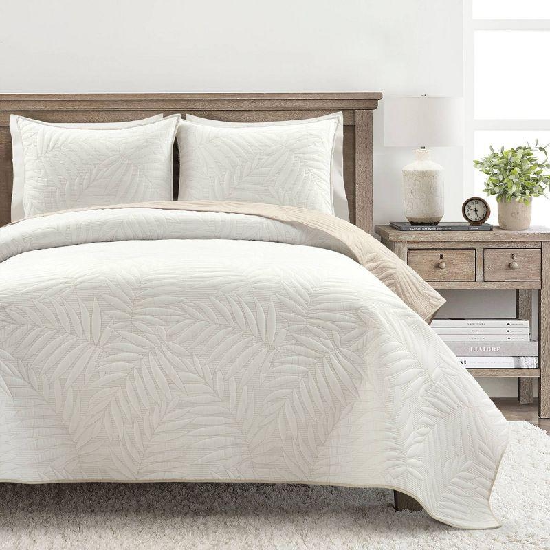 King White Reversible Cotton Quilt Set with Embroidered Leaves