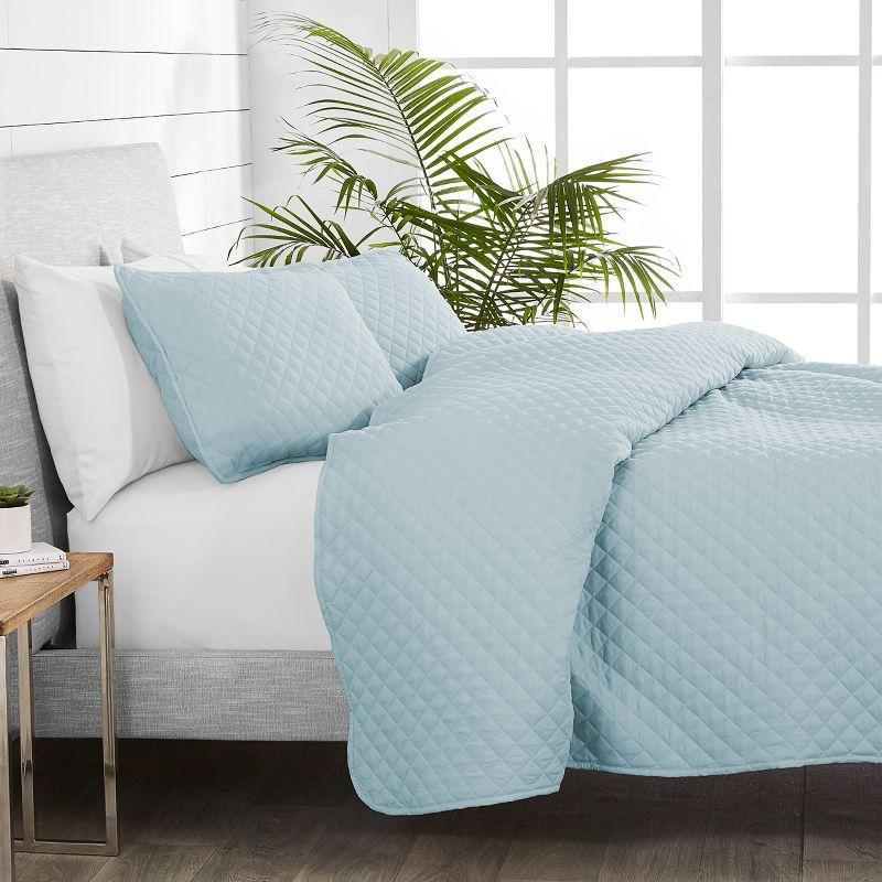 Light Blue Diamond Stitched Microfiber Full Coverlet Set