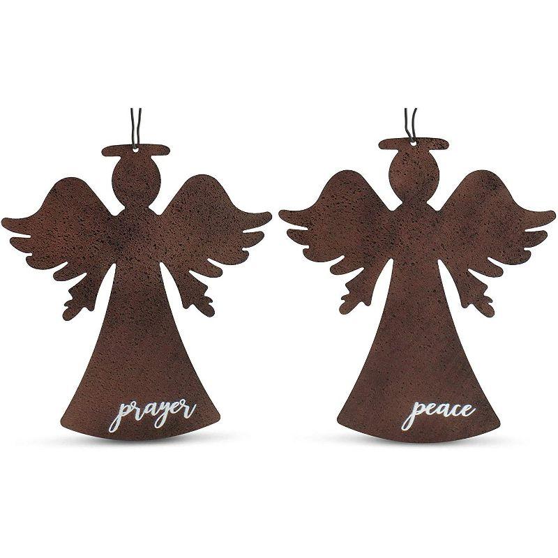 AuldHome Design Rustic Angel Christmas Ornaments (Set of 2, Rust Color); Metal Farmhouse Christmas Decorations