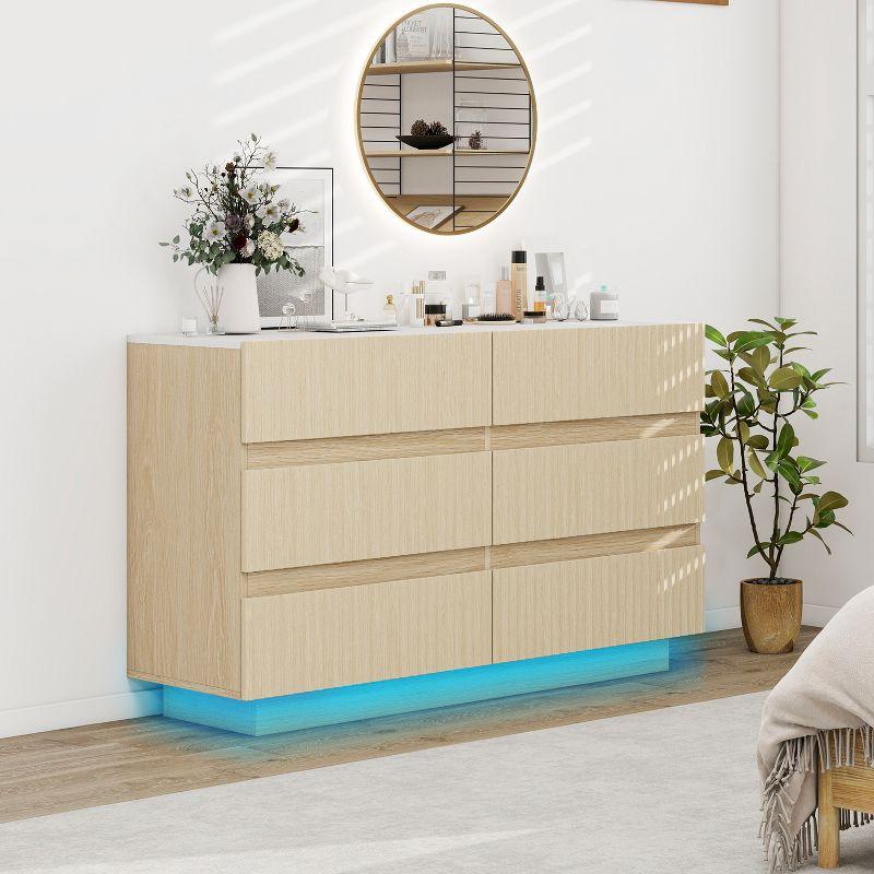 47.24 Inch  6 Drawer Dresser, Double Drawer Chest, Modern Drawer Chest With Led, Drawer Organizer Beige