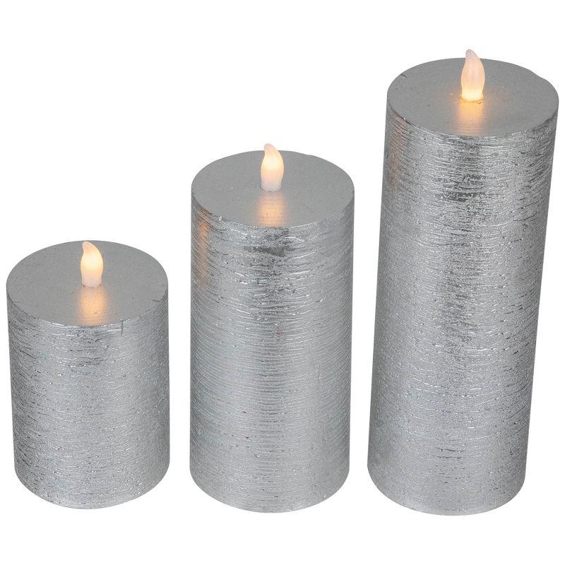 Northlight Flameless Flickering LED Wax Pillar Candles - 8" - Brushed Silver - Set of 3