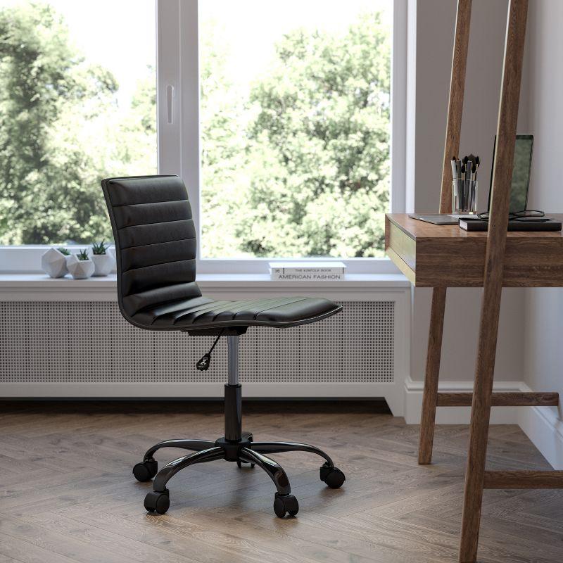 Black Vinyl Armless Ribbed Swivel Task Chair with Metal Base