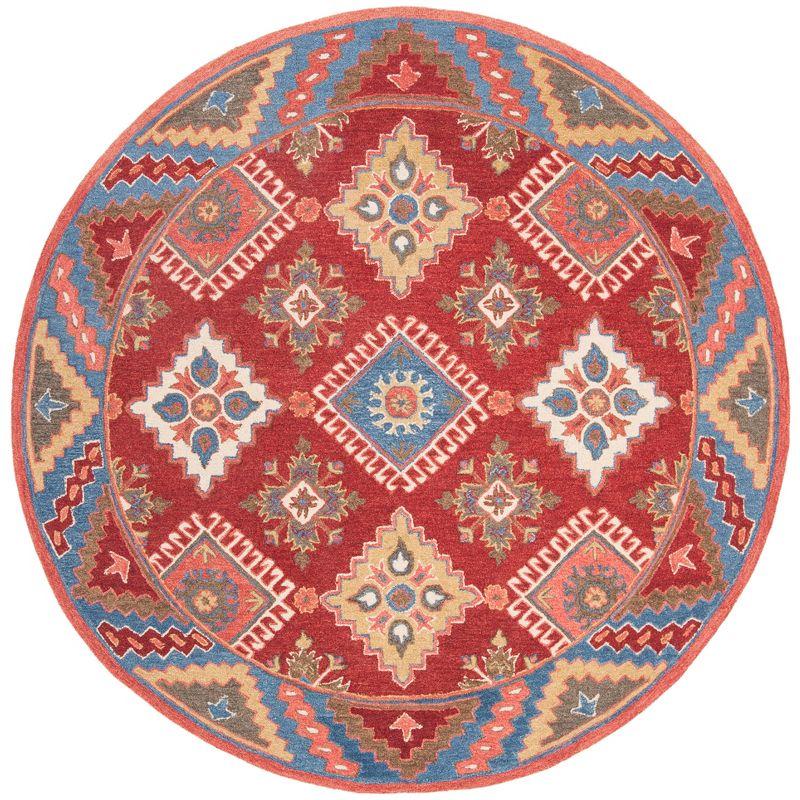 Handmade Rustic-Chic Red and Blue Wool Round Rug