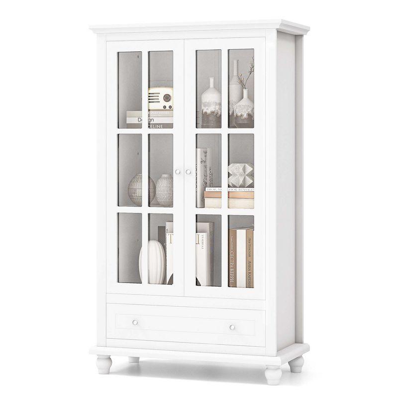 White Adjustable Wood Bookcase Cabinet with Glass Doors