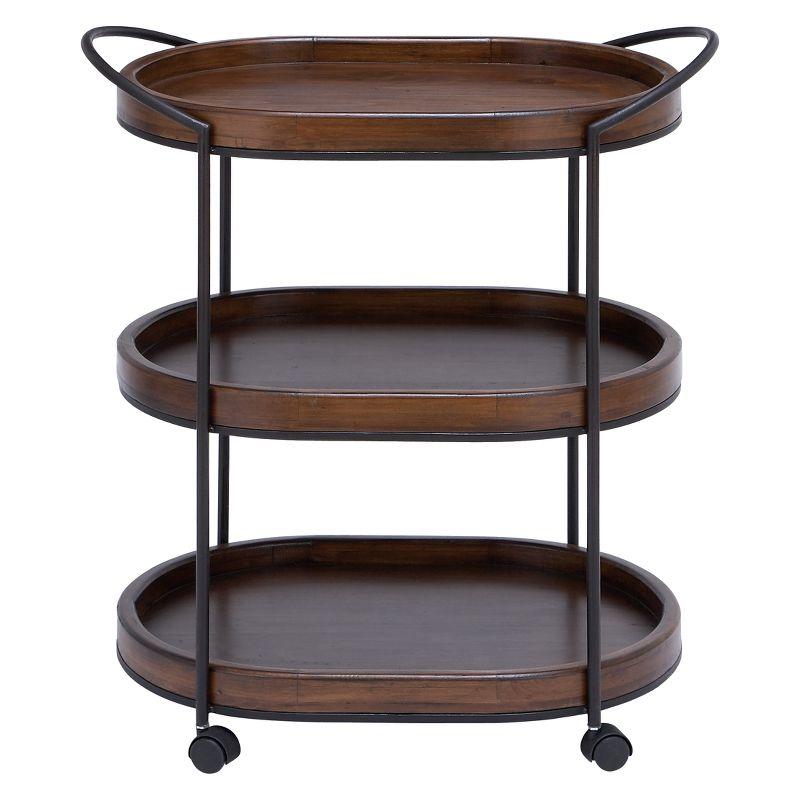 Brown Pine and Iron 3-Tier Rolling Bar Cart