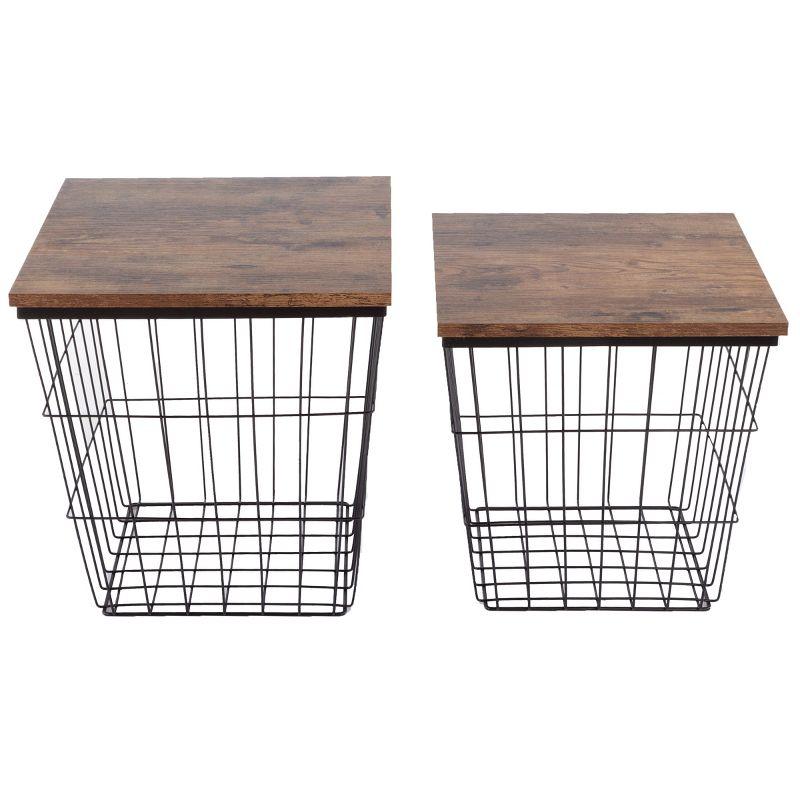 End Table with Storage – Set of 2 Nesting Tables – Square Wire Basket Base and Wood Tops – Industrial Farmhouse Style Side Table by Lavish Home