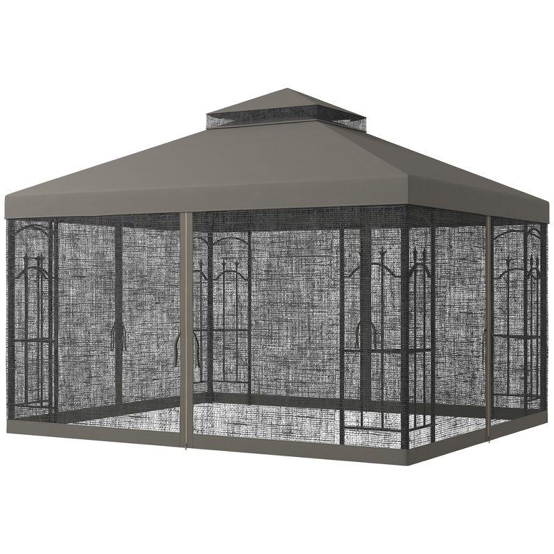 Outsunny Steel Outdoor Patio Gazebo Canopy with Removable Mesh Curtains, Display Shelves, & Steel Frame