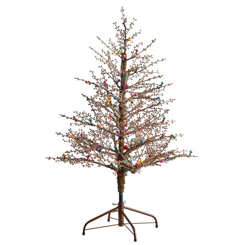 Nearly Natural 4' Pre-Lit LED Flocked Berry Twig Artificial Christmas Tree Multicolor Lights