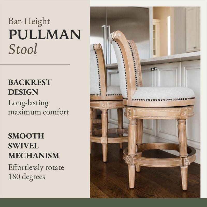 Maven Lane Pullman 31 Inch Tall Bar Height Upholstered Barstool with Back in Weathered Oak Finish with Sand Color Fabric Cushion Seat, Set of 3