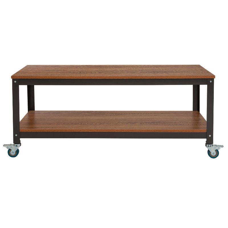 Flash Furniture Livingston Collection TV Stand in Brown Oak Wood Grain Finish with Metal Wheels
