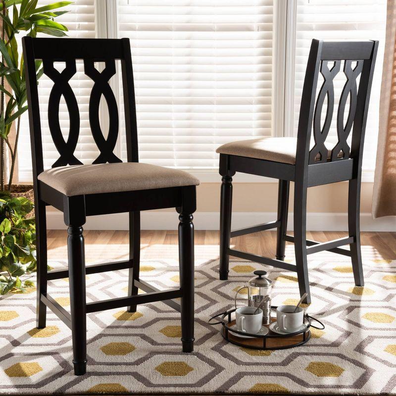 Set of 2 Sand Upholstered Espresso Wood Counter Stools