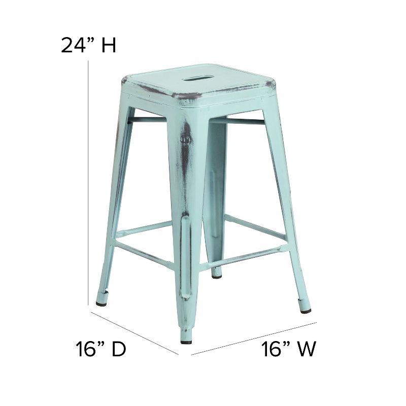 Flash Furniture Kai Commercial Grade 24" High Backless Distressed Green-Blue Metal Indoor-Outdoor Counter Height Stool