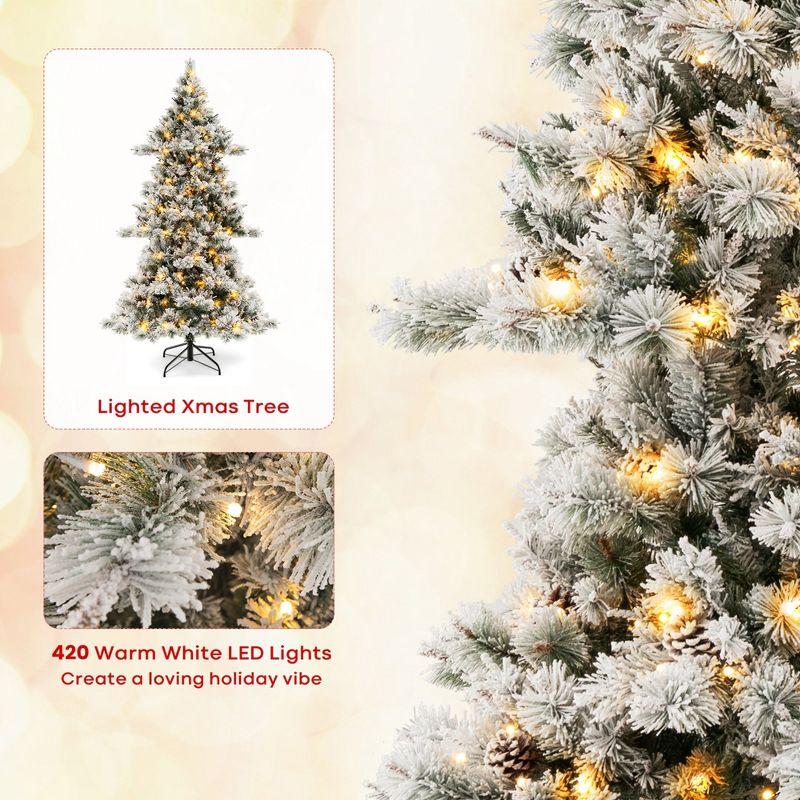 Costway 7 FT Flocked Christmas Tree Hinged Xmas Decoration with 420 LED Lights & 1057 Tips