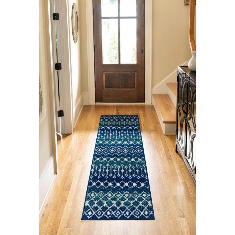 Navy and Teal Geometric Trellis Synthetic Runner Rug