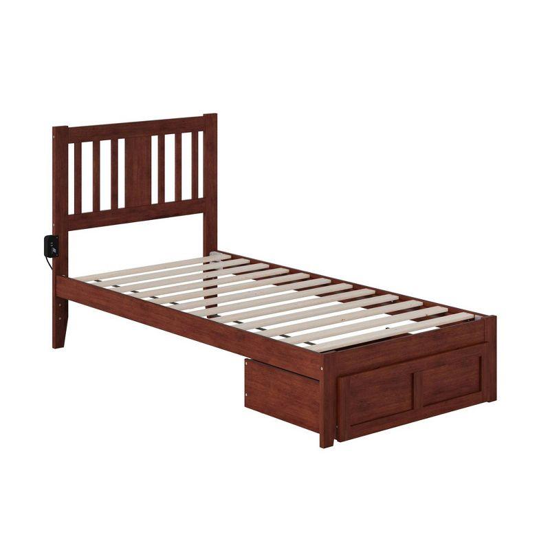 Walnut Twin Wood Platform Bed with Drawer and USB Charger