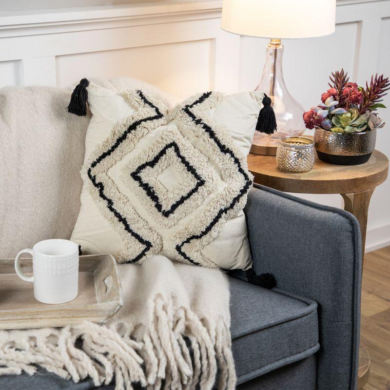 Beige and Black Boho Cotton Square Throw Pillow with Tassels