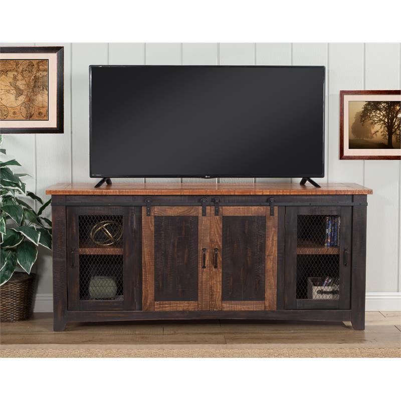 Rustic Antique Black and Distressed Pine 65" TV Stand with Sliding Barn Doors