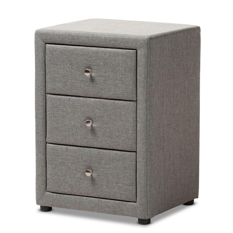 Contemporary Grey Fabric 3-Drawer Nightstand with Chrome Knobs