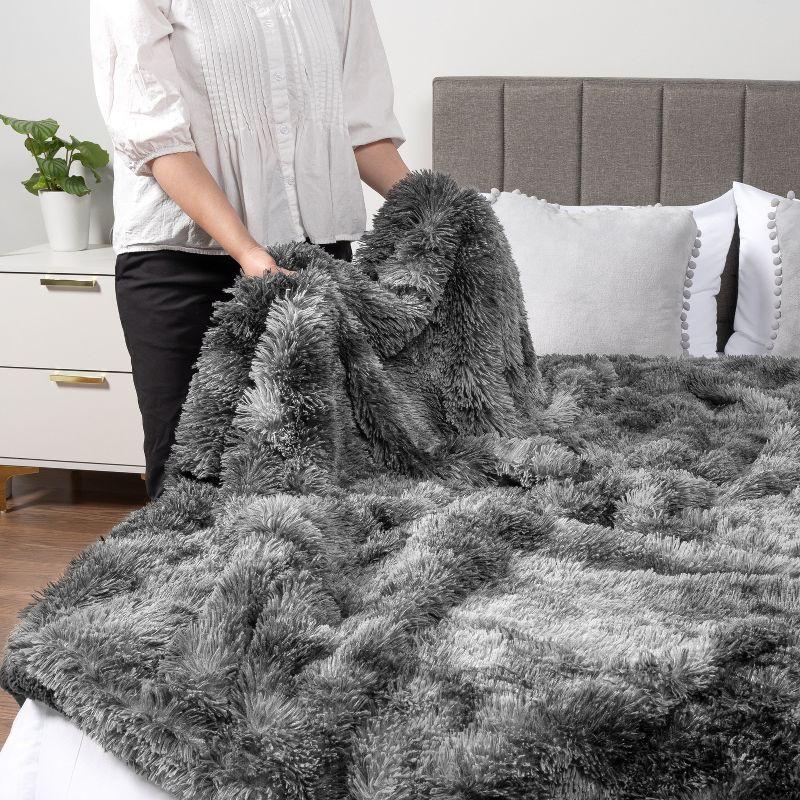 PAVILIA Fluffy Faux Fur Reversible Throw Blanket for Bed, Sofa, and Couch