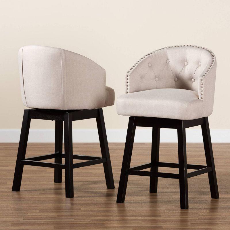 2pc Theron Fabric and Wood Swivel Counter Height Barstools Set Beige/Espresso Brown - Baxton Studio: Upholstered, Rubberwood Frame, Fixed Height