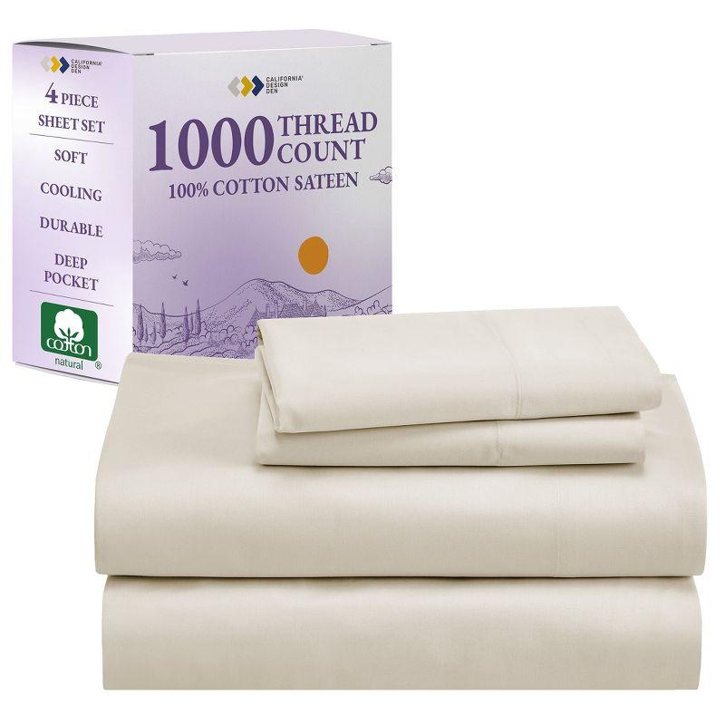 Luxury 1000 Thread Count Bed Sheets Set - 100% Cotton Sateen - Soft, Thick & Deep Pocket by California Design Den - Ivory, King