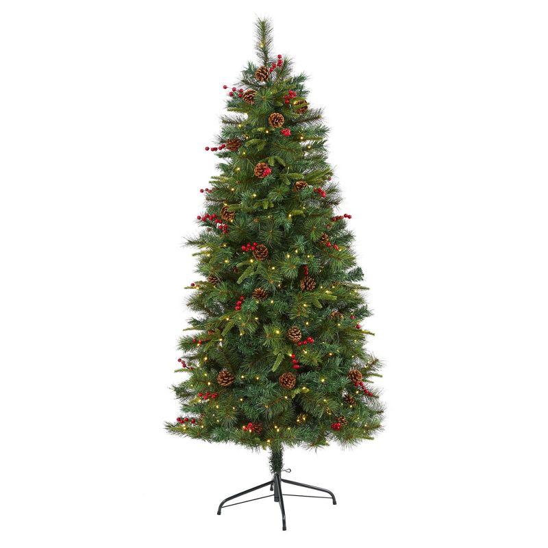 Nearly Natural 6-ft Mixed Pine Artificial Christmas Tree with 250 Clear LED Lights, Pine Cones and Berries
