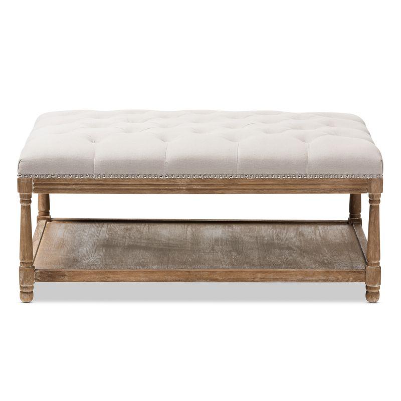 Carlotta French Country Weathered Oak Linen Rectangular Coffee Table Ottoman Beige - Baxton Studio: Elegant Tufted Design, Storage Shelf