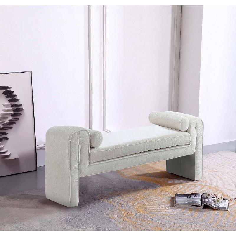 Ivory Chenille Upholstered Bench with Cylinder Pillows, 59"