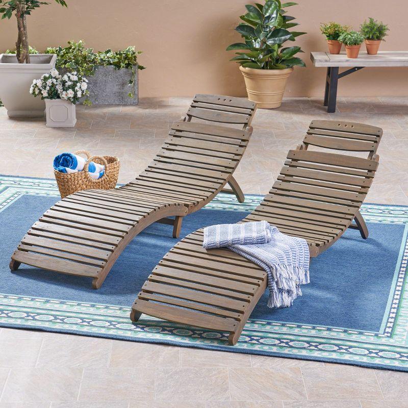 Christopher Knight Home Lisbon Outdoor Acacia Wood Folding Armless Chaise Lounge (Set of 2), Gray