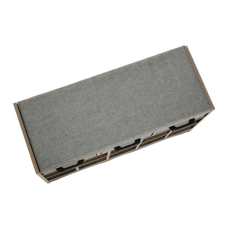 Household Essentials Entryway Storage Bench with 3 Grey Drawers 10 Shoe Compartments and Cushioned Seat in Ashwood Rustic Wood Grain