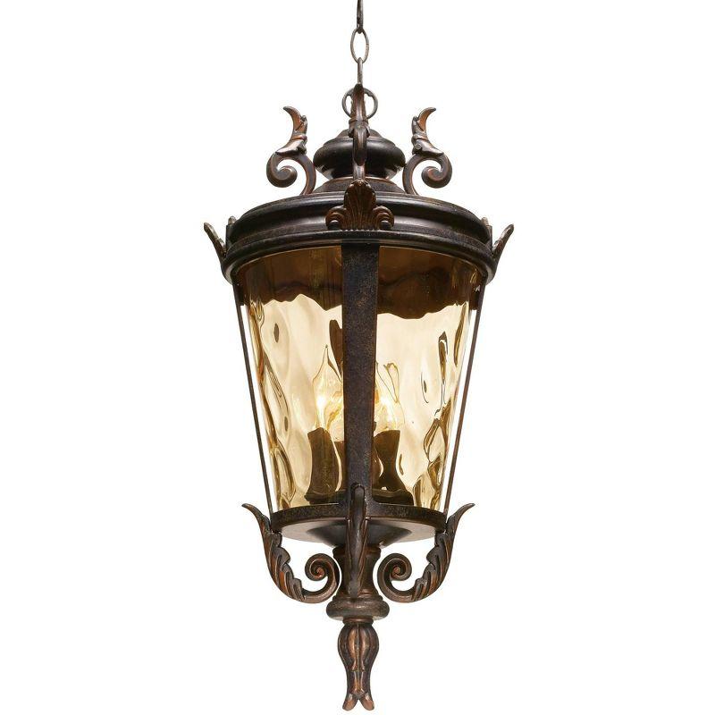 John Timberland Casa Marseille Rustic Vintage Flush Mount Outdoor Hanging Light Bronze Scroll 23 3/4" Champagne Hammered Glass for Post Exterior Barn