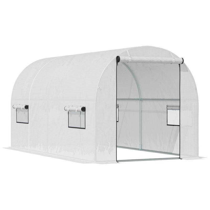 Outsunny 9.6' x 6.5' x 6.2' Walk-In PE Greenhouse with 2 Roll-up Zipper Doors & 6 Roll-up Windows for Plants, White