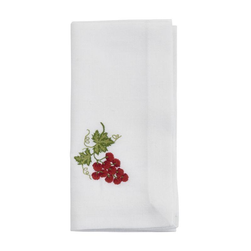 White Cotton Table Napkins with Embroidered Grapes Design, Set of 4