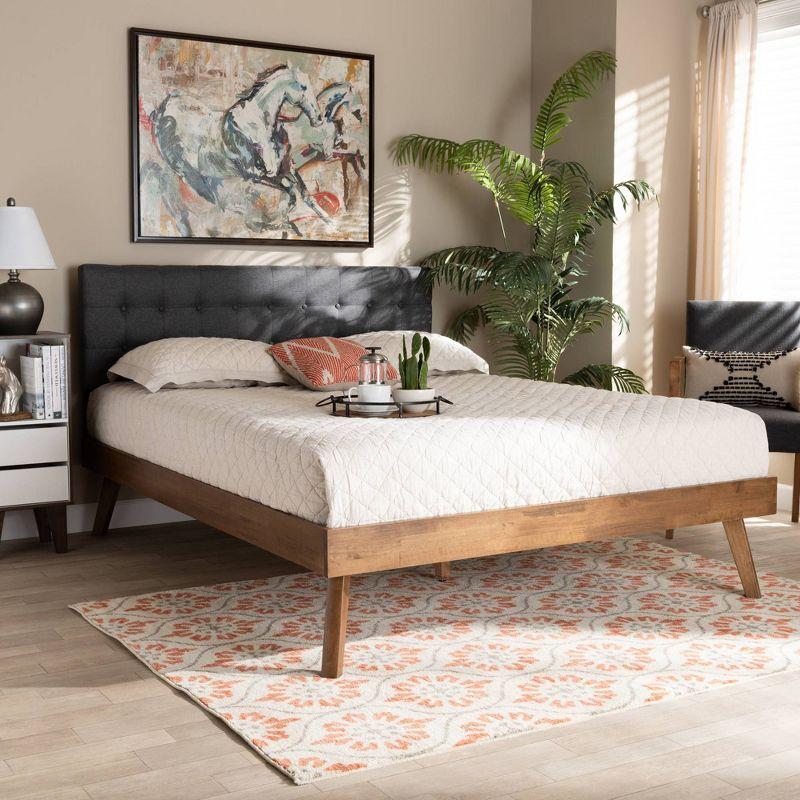 Devan Mid-Century Walnut & Dark Grey Tufted Full Platform Bed