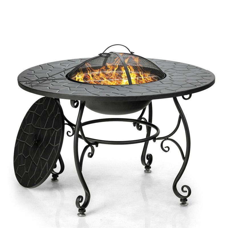 Costway 35.5'' Patio Fire Pit Dining Table Charcoal Wood Burning W/ Cooking BBQ Grate