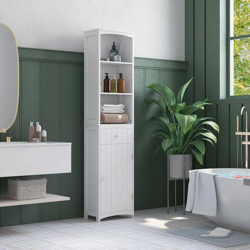 HOMCOM 67" Tall Bathroom Storage Cabinet, Freestanding Linen Tower with 3-Tier Shelf, Drawer and Cupboard, Narrow Side Floor Organizer, White