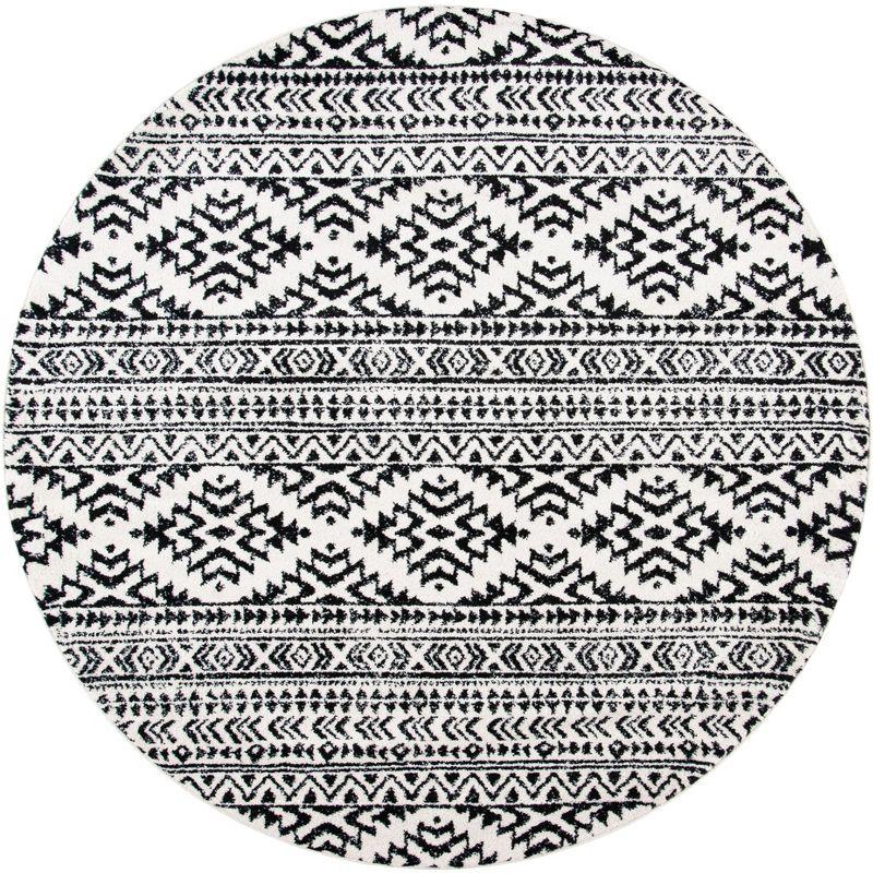 Ivory & Black Moroccan Boho 4' Round Synthetic Area Rug