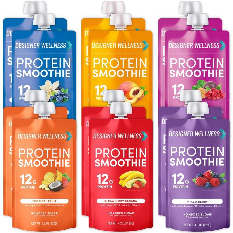 Designer Wellness Protein Smoothie, Real Fruit, 12g Protein, Low Carb, Zero Added Sugar, Gluten-Free, Mixed Variety, 12 Count